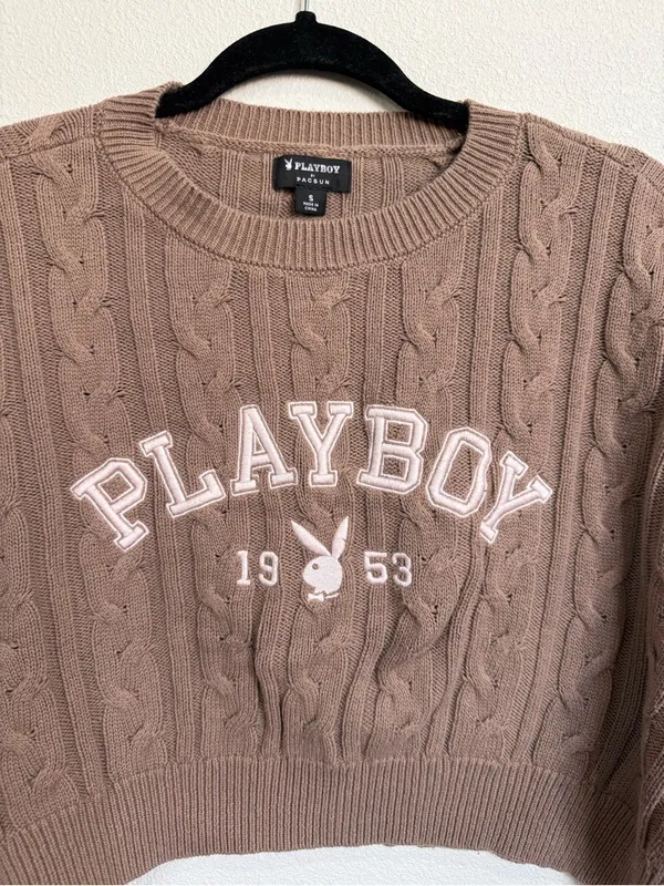 Playboy X Pacsun Cable Knit Cropped Sweater S Brown Y2k Preppy Varsity Coquette - Image 3