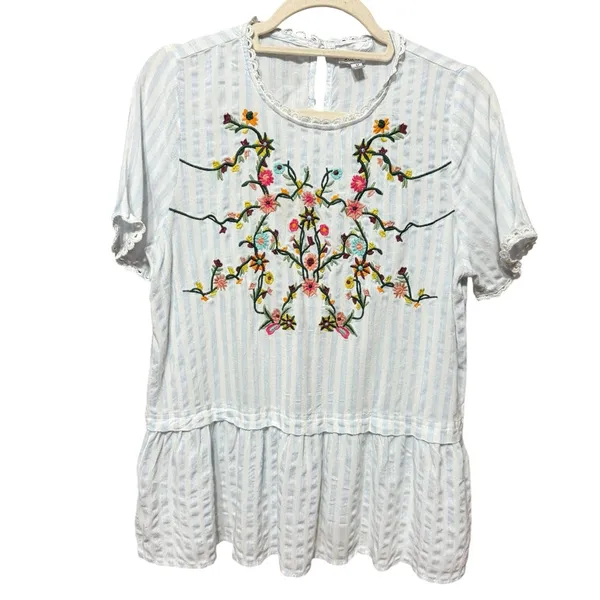 Boho Blue White Embroidered‎ Peplum Top Vintage-Inspired Cottagecore Vibes Sz M - Image 2