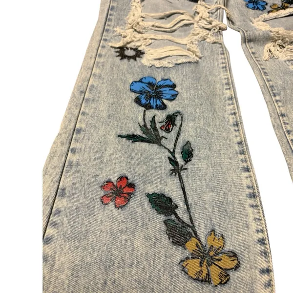 Light Blue Floral Distressed Wide Leg Jeans Size XL (29” Waist) - Image 3