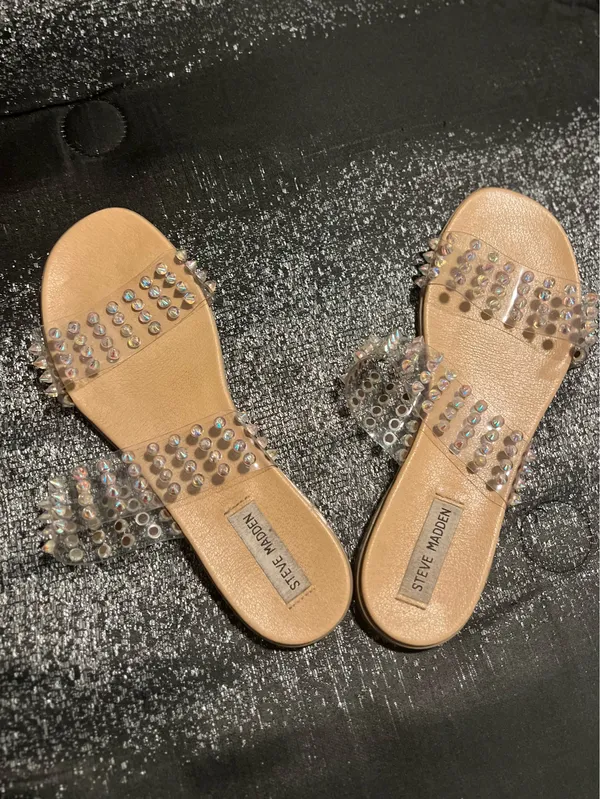 Womens sz10 Steve Madden Blizie Clear Iridescent Spike Stud Flat Slide Sandals - Image 5