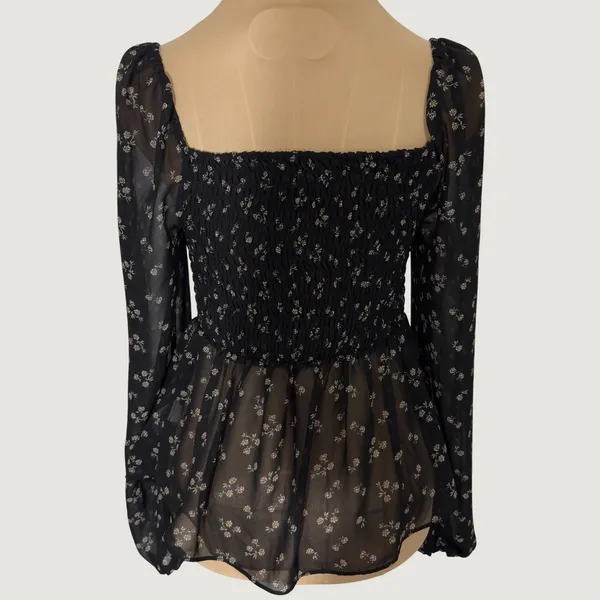 3230 | Ditsy Floral Smocked Peplum Blouse Black Cottagecore Coquette Women S - Image 2
