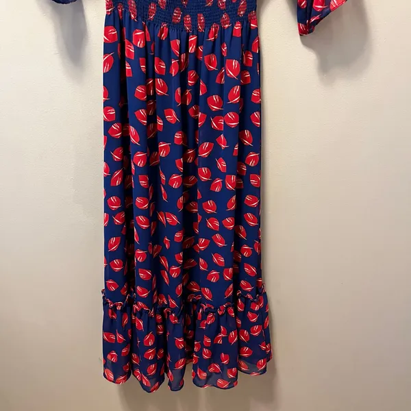 MISA Off Shoulder Midi Dress Blue Red Floral Boho Romantic Cottagecore Flowy‎ MD - Image 4