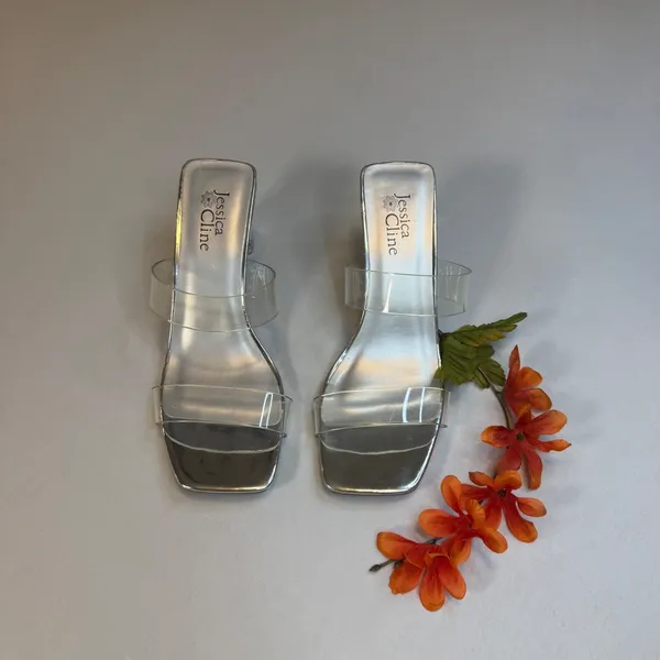 Jessica Cline Silver Metallic Clear Strap Block Heel‎ Slide Sandals Square Toe 7 - Image 2