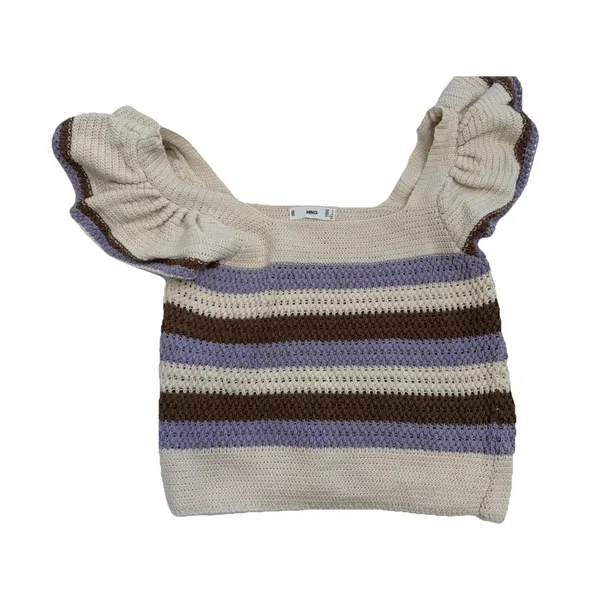 MNG Mango Beige Striped Knit Ruffle Flutter Sleeve Square Neck Cropped Top S - Image 4