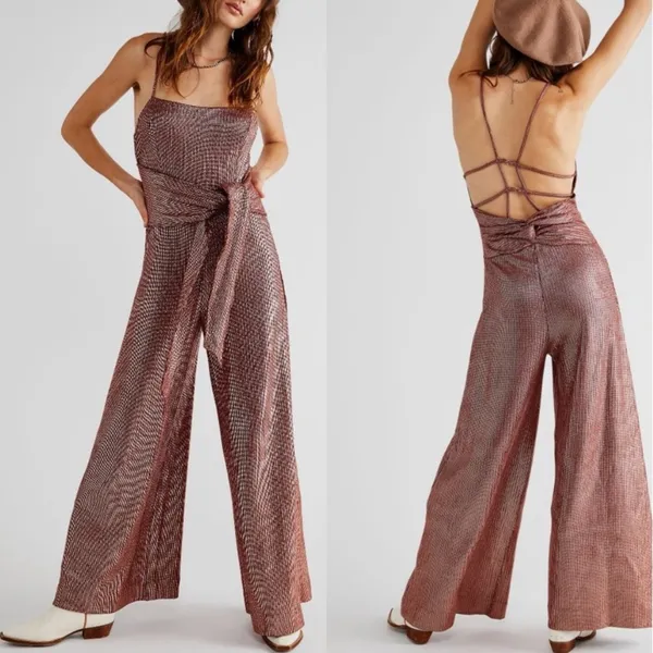 NWT Free‎ People Shimmer and Shine Jumpsuit / Ginger Snap Metallic Womens Size S - Image 2
