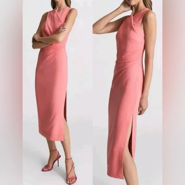 NEW Reiss Imogen Sleeveless Ruched Tailored Sheath MIDI Dress 0 Pink - Image 3