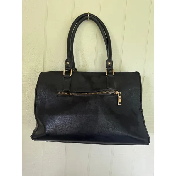Black Faux Leather Satchel Handbag Gold Hardware Chevron Lining Front Pocket - Image 3