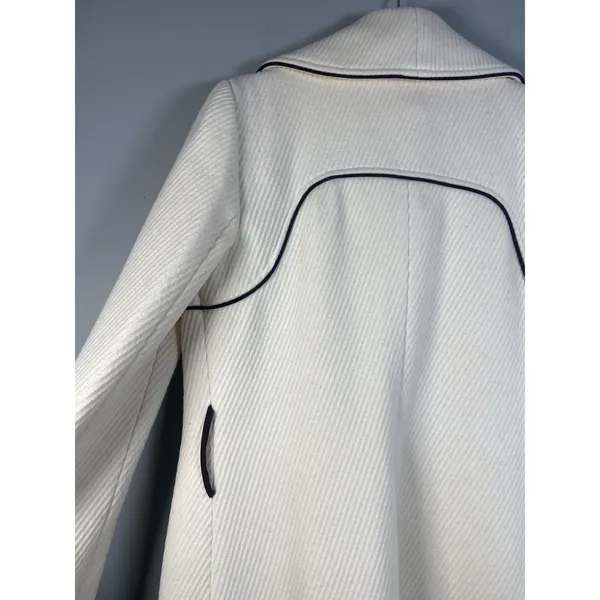 Wool Blend Cream Coat Asymmetrical Zip Front Black Trim Elegant Luxury Sz‎ Large - Image 11