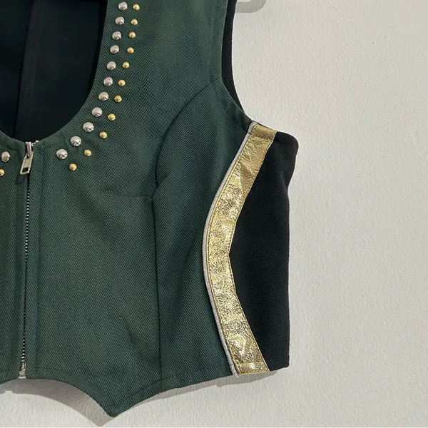 Vintage Green Structured Vest Gold Studded Ren Faire Rodeo Western Cowgirl - Image 2