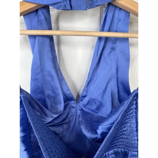 French Connection Blue Satin Halter Top Womens Size XS Smocked back - Image 6