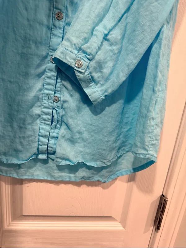 JM Collection Size 14 Aqua Blue Linen Button Down Collarless Beachy Tunic Top - Image 5