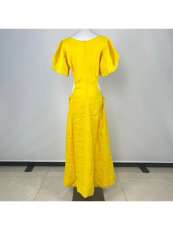 NWOT Farm Rio Linen Puff-Sleeve Cutout Midi Dress Yellow Size S - Image 8