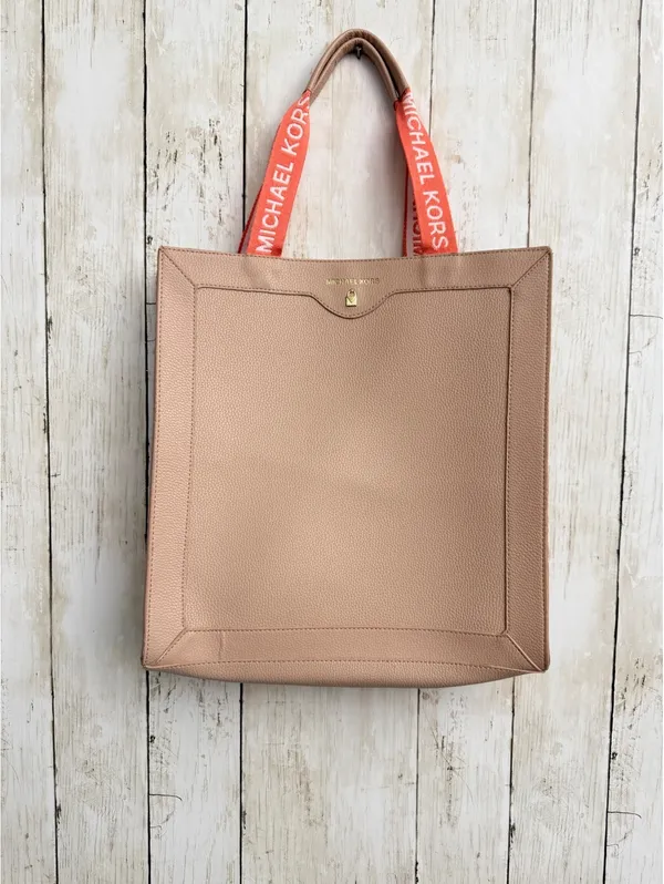 Michael Kors Large Taupe PVC Logo Strap North South Tote Bag Coral Gold - Image 13
