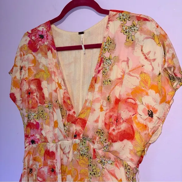 Free People Freddy Pink Floral Print Short Sleeve Tie Mini Dress S Babydoll Boho - Image 3