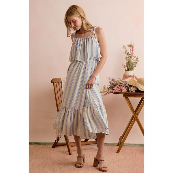 SO ME Stripe Tiered Shoulder Tie Midi Lined Dress - Medium - Image 16