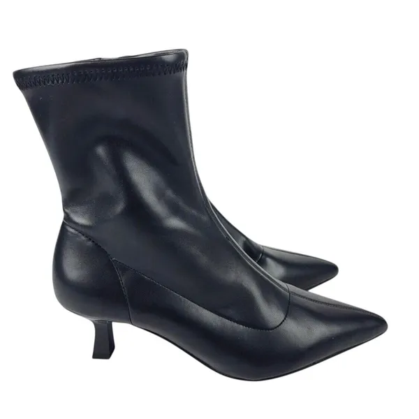 Abound Black Pointed Toe‎ Kitten Heel Sock Ankle Boots Faux Leather Size 8M - Image 2