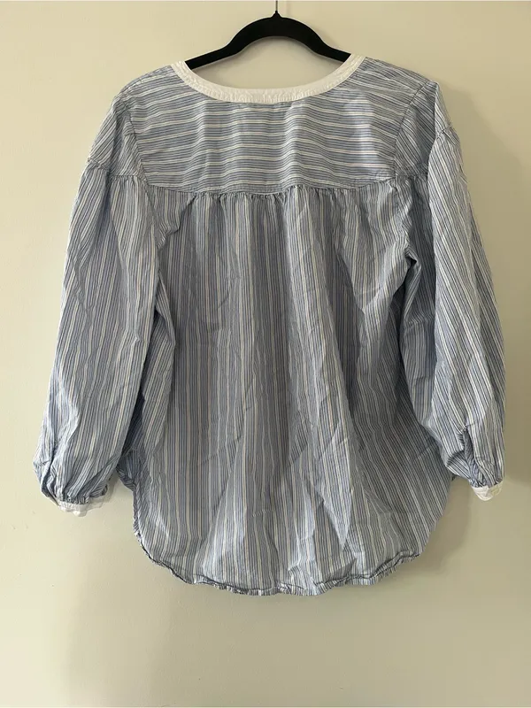 Loft Blue White Stripe Popover Peasant Top Large Coastal Nantucket Euro Summer - Image 6
