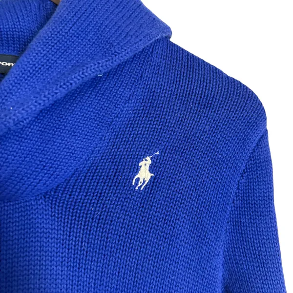 Ralph Lauren Sport Blue Cotton Knit Shawl Collar Long Sleeve Preppy Sweater S - Image 4