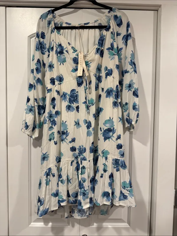 lovestitch so charming White Mini Dress with Blue Floral Print‎ l NWT - Image 3