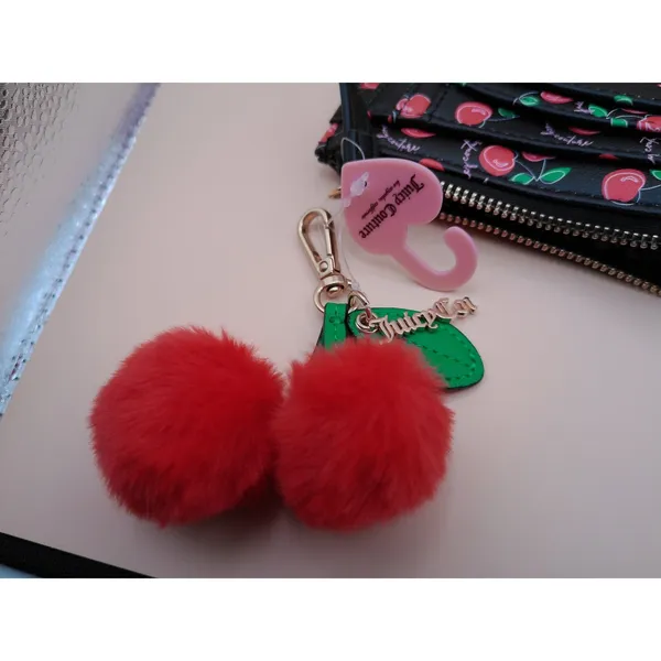 Juicy Couture Cherry Print‎ Card Holder Wallet Wristlet Black Red Pom Pom NEW - Image 7
