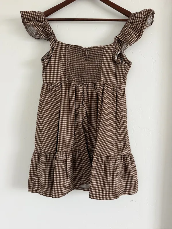 Reformation Jeune Dress Size 10 Brown White Gingham Ruffle Mini Dress - Image 3