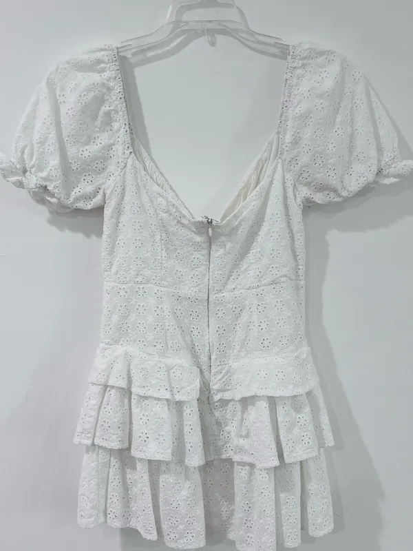Olivaceous White Eyelet Ruffle Mini Dress Puff Sleeve Size M - Image 2