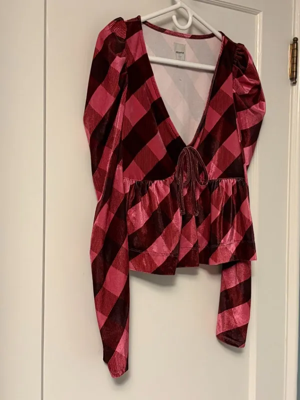 Anthropologie Maeve plaid velvet babydoll top puff sleeves size medium boho - Image 4