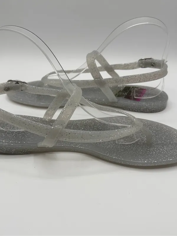 Stuart Weitzman Sallie Jelly Sandals 9 Silver Glitter T Strap Clear NWOB - Image 5