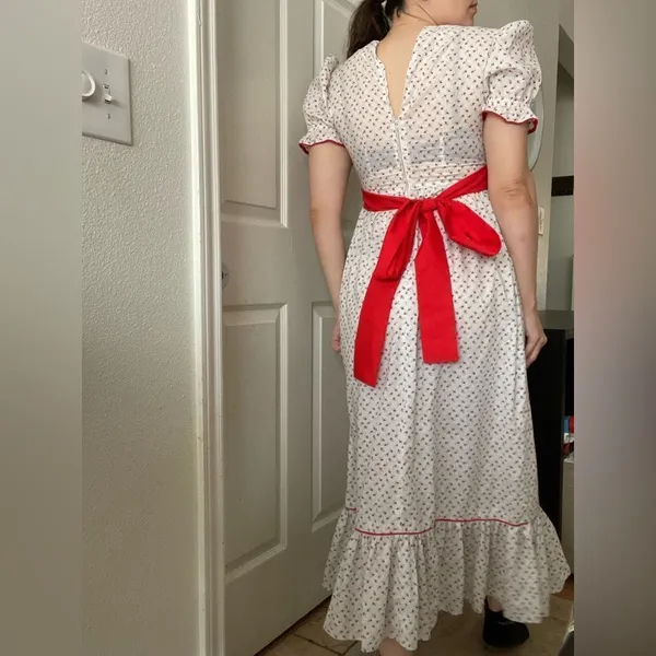 Vintage 70s Handmade Floral‎ MilkMaid Maxi Dress Puff Sleeve Back Tie Sz S - Image 2