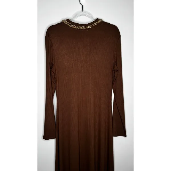 Cider 2020s Brown Ribbed Midi Dress Gold Trim Stretch NWT Large - Image 13