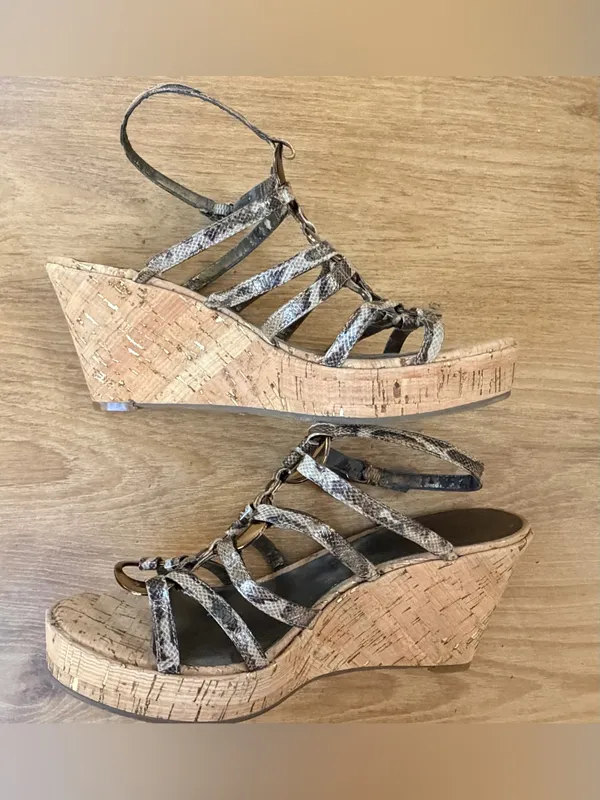 Marc Fisher Snake Skin Faux Leather Strappy Wedge Sandals Women US 8 Gold Rings - Image 13