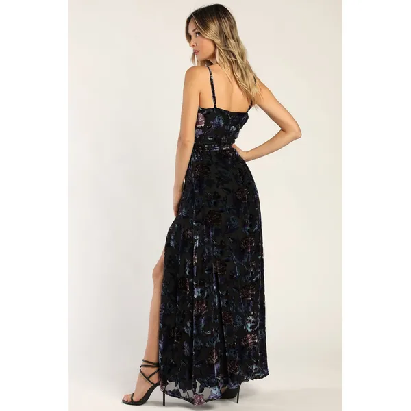 NWT Lulus Pretty Companion Black Floral Velvet Burnout Maxi Dress Holiday Sz XS - Image 3