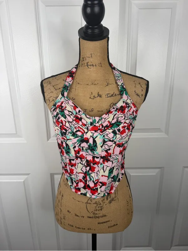 Japna Floral Halter Corset Top Size M Pink Red Green Y2K Summer - Image 3