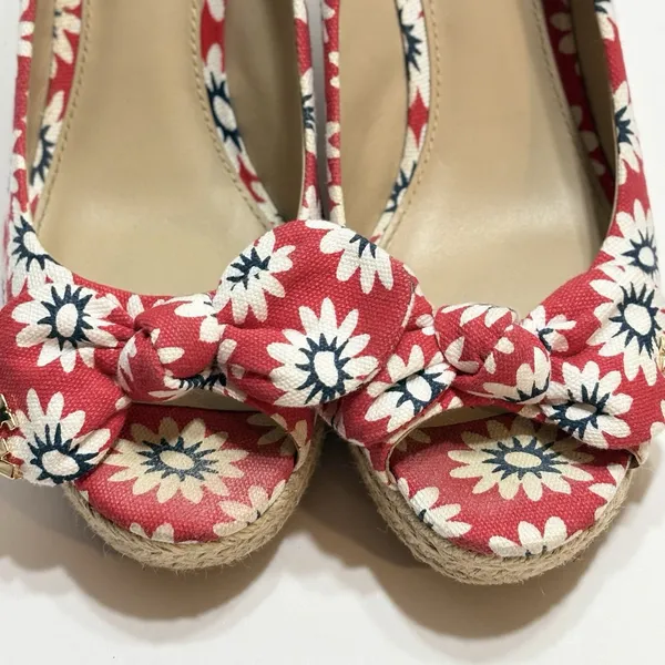 Tory Burch Dory Red Floral Canvas Peep Toe Wedge Espadrilles Size 7.5 Beachy - Image 15