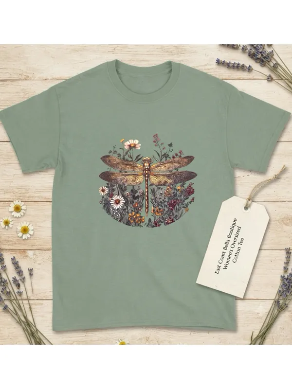 Gildan Botanical Dragonfly Graphic Oversized Tee Shirt Vintage Style Sage Womens Large - Image 2