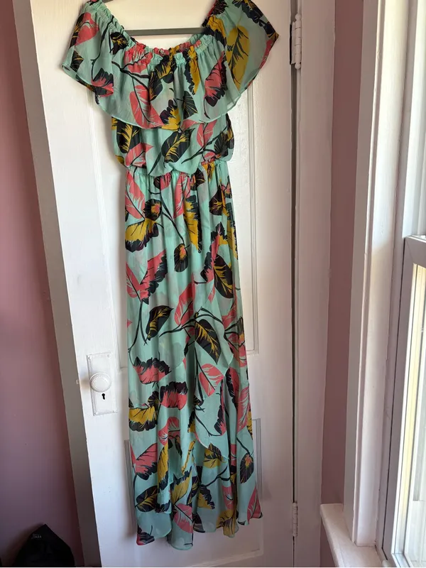 Express Tropical Ruffle Off the Shoulder High Low Maxi Dress Mint Green Small - Image 2