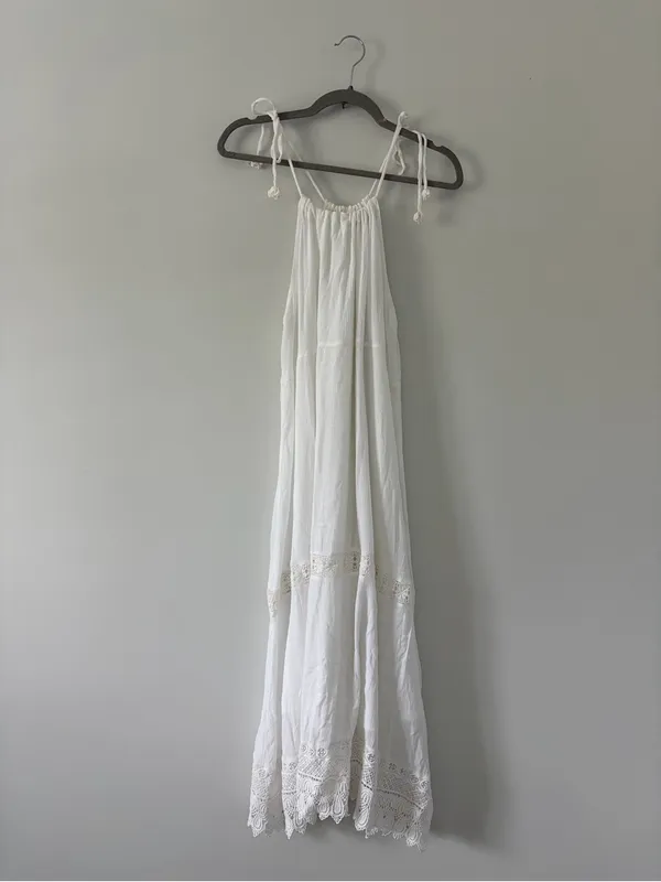 Old Navy White Cotton Sleeveless Tie Strap Crochet Trim Swing Maxi Dress M - Image 2