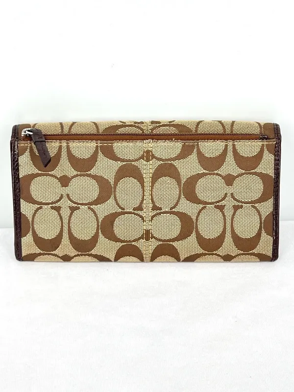 Coach Signature Canvas Khaki Jacquard Brown Leather Trifold Snap Closure Wallet - Image 9
