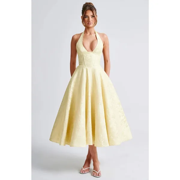 NWT Babyboo Effie Lemon Yellow Floral Jacquard Halter A-Line Midi Dress Size S - Image 9