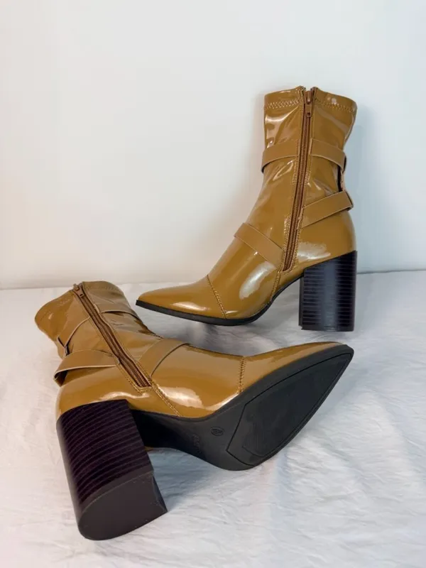 Bamboo Patent Leather Ankle Boots Women’s 7.5 Block Heel Buckle Strap Tan Brown - Image 8