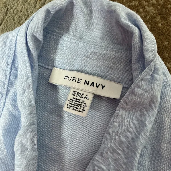 Pure Navy Linen Button Down Shirt Womens XL Blue Coastal Summer Long Sleeve Top - Image 4