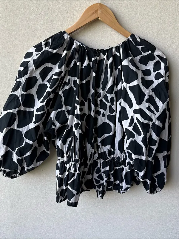Zara Black White Animal Print Smocked Blouse - Image 4