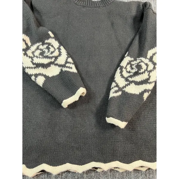 Vtg 90s Grandma Sweater L Black‎ Floral Ramie Cotton Textured Patchwork Cottage - Image 13