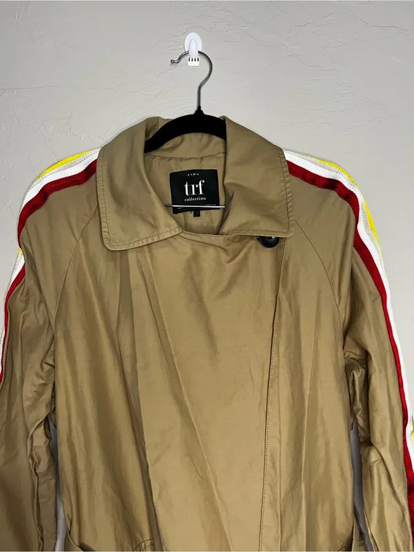 Zara TRF Beige Striped Belted Beige Trench Coat Utility Streetwear Duster Jacket - Image 3