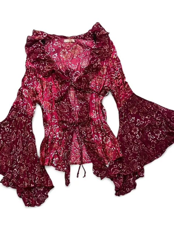 Y2K Red Floral Asymmetrical Bell Sleeve Top Women's Size Large Whimsigoth Witchy - Image 3