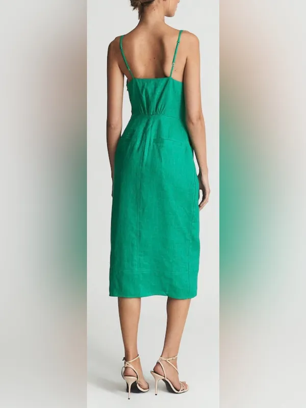 NEW Reiss Kay Green Tie Detail Linen Midi Dress Sz 6 - Image 2