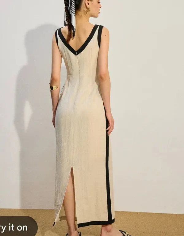 Commense NWT linen blend contrast maxi dress size M Tan Size M - Image 2