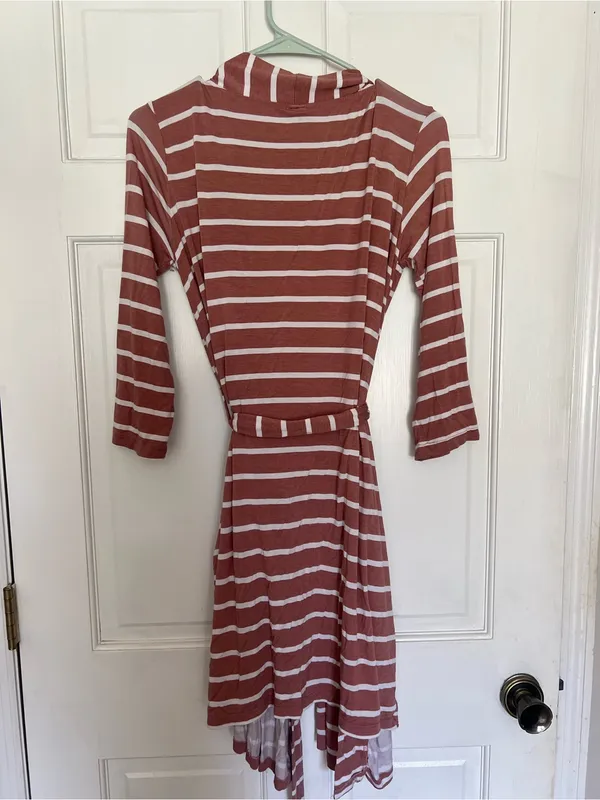 Posh Peanut Rust and White Striped Long Sleeve Wrap Dress - Image 6