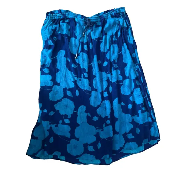 Plus Size Blue Floral Maxi Skirt Crinkle Drawstring Boho Coastal Vacation OSP - Image 2