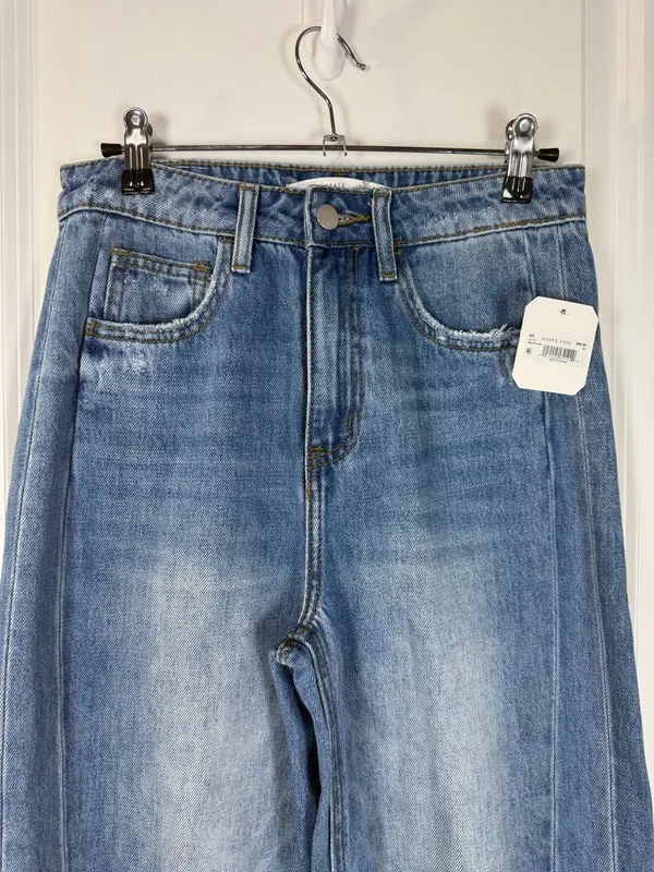 Altar'd State High Waisted Medium Wash Wide Leg Jeans with Raw Hem - Image 3